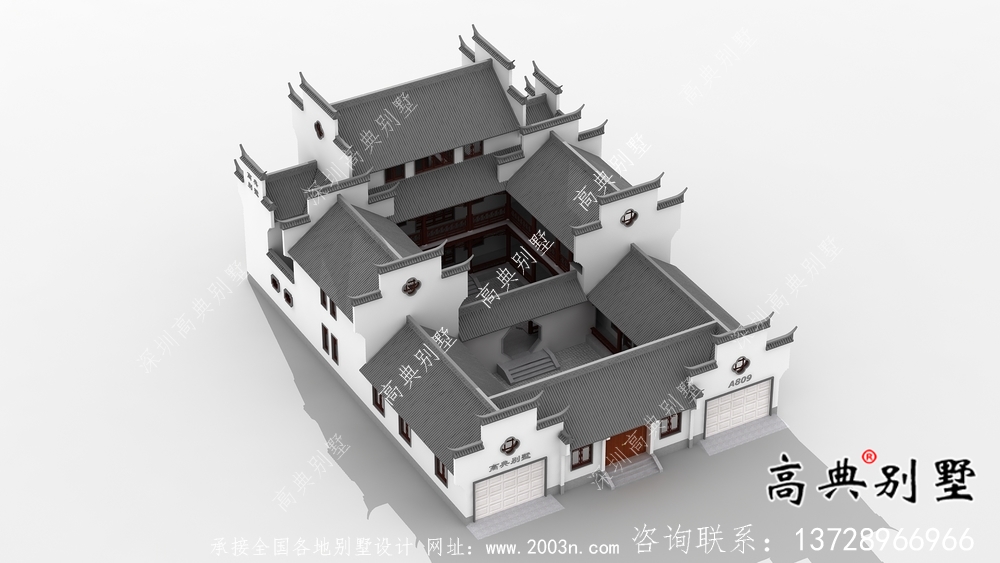 传统中式三层徽派别墅设计外观图
