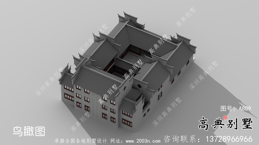 传统中式三层徽派别墅设计外观图