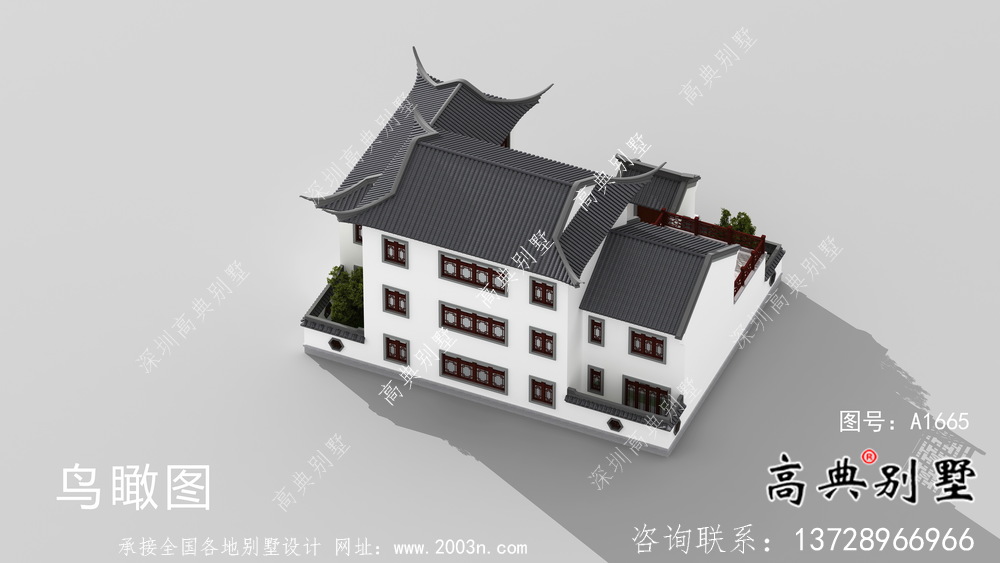 新中式三层苏式园林别墅外观效果图