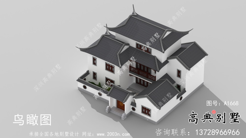 中式三层苏式园林别墅设计图纸及外观效果图