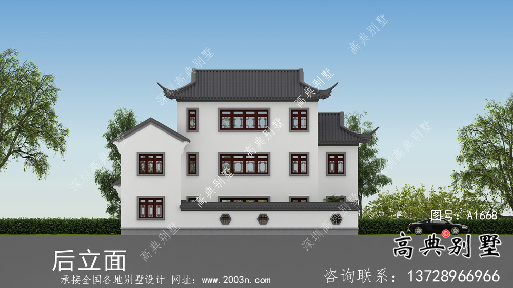 中式三层苏式园林别墅设计图纸及外观效果图