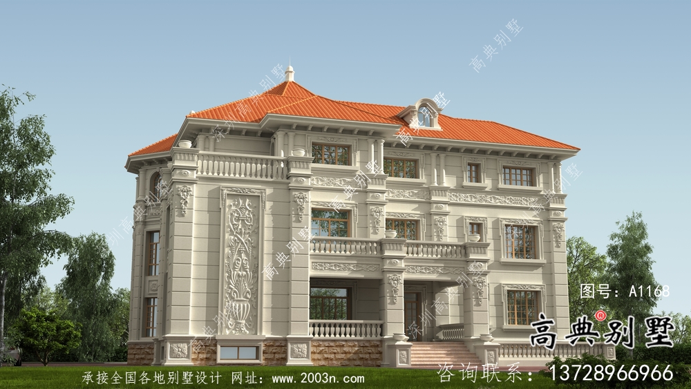 欧式三层超豪华纯石材复式别墅设计图纸