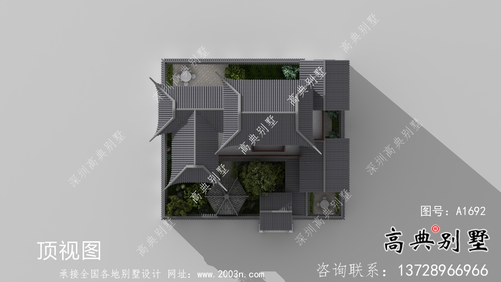 乡村三层新中式别墅带庭院设计效果图