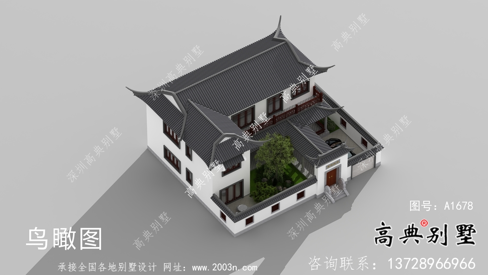 苏式园林别墅，新中式院子二层别墅方案图